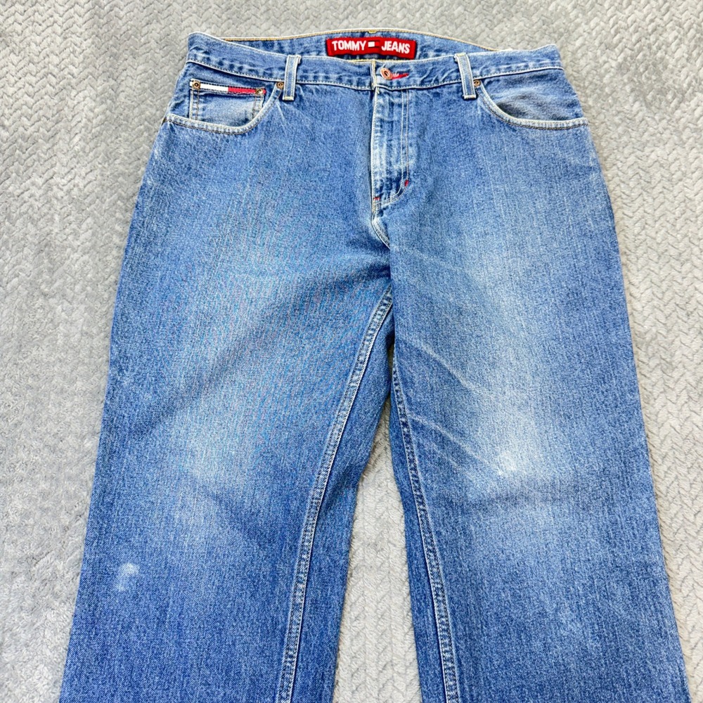 Tommy‎ Jeans Straight Leg Denim Mens 34x30 Blue Frayed Hem 90s Vintage - Picture 13 of 15